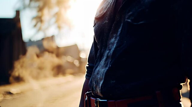 Rugged figure stands motionless in dusty street. Static camera position with subtle drift. Sunlight filters through dust particles. Slow blink, hand hovering near holster, slight tilt of hat brim.