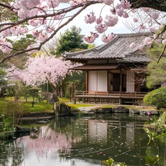 Naklejka premium Tranquil Japanese Zen Garden Surrounded by Blooming Cherry Blossoms and Serene Spring Pond