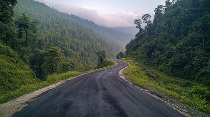 Winding mountain road through lush green forest at sunrise with misty valley