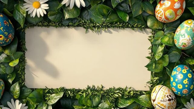 Festive easter egg and daisy border on lush green leaf background Happy Easter