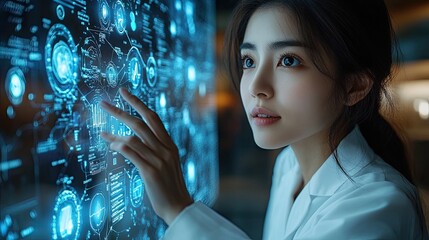 A woman in a white lab coat interacts with a futuristic digital interface, analyzing data and information.