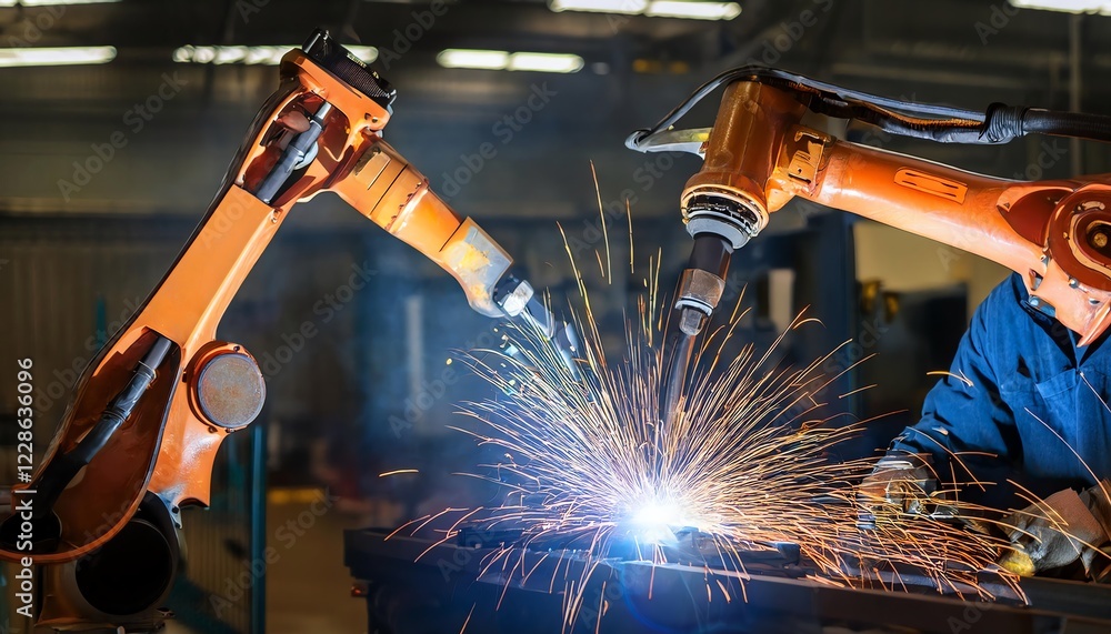 Poster two robotic arms performing welding, creating bright sparks in a workshop environment.