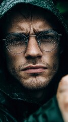Fototapeta premium Annoyed Man in Rain Wet Face Glasses Closeup