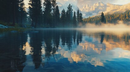Fototapeta premium Mountain lake sunrise reflection mist
