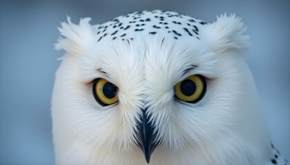 a close up of a white owl with yellow eyes