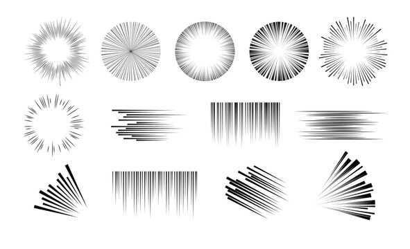 Black speed lines for comic book vector set, Manga or anime pattern, superhero action, zoom and motion striped effects