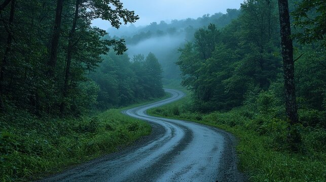 Winding wet road through misty Appalachian forest at dusk