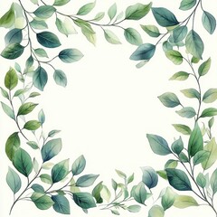 Watercolor Botanical Frame with Green Leaves and Grass for Wedding Invitation and Celebration Template