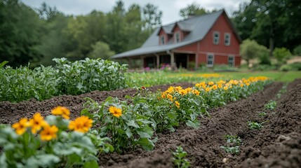 Obraz premium Rural farm garden flowers red barn