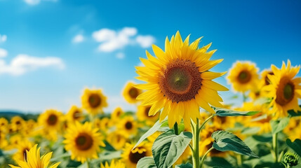 Obraz premium Sunflower field with cloudy blue sky. Sunflower landscape