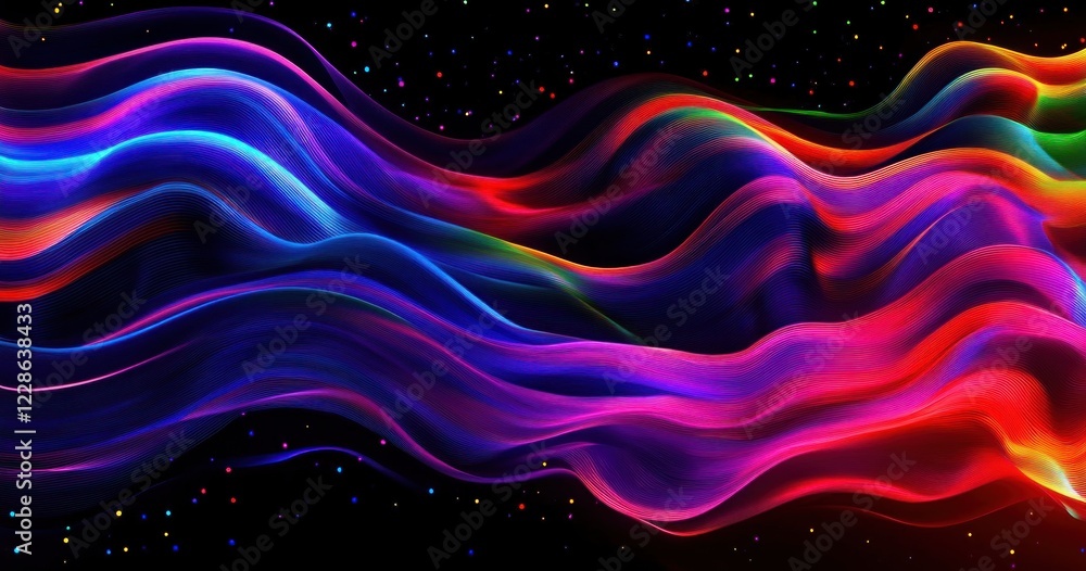 Poster vibrant abstract neon wave patterns with circles and particles in motion for technology and digital 