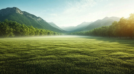 Obraz premium Lush green valley with mountains at sunrise