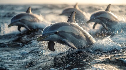 Obraz premium Dolphins leaping, ocean sunset, wildlife, marine mammals, nature background, travel photography