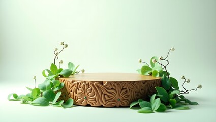 Emerald leaves flowing down a polished wood podium, set against a dreamy gradient.
