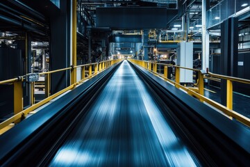 Obraz premium Conveyor Belt in Manufacturing Plant Under Dramatic Lighting