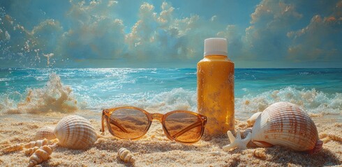 Sunglasses seashell exotic cocktail straw hat on beach sand during sunset