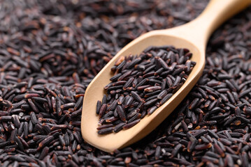 Organic rice berry or purple rice in wooden scoop, Thai rice