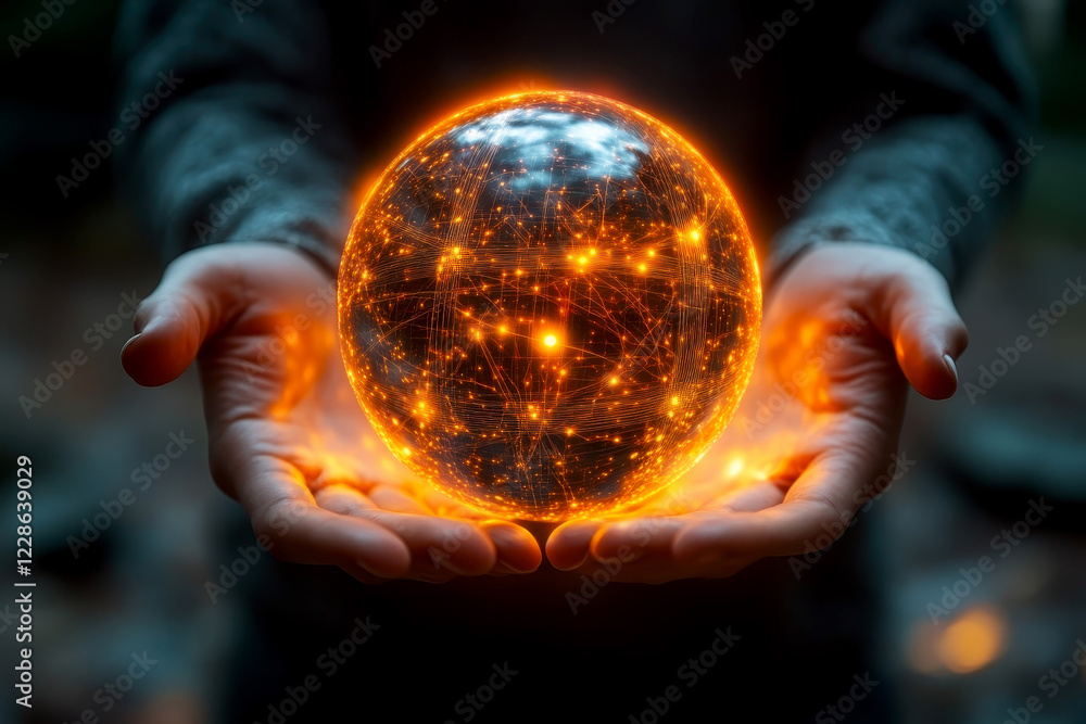 Poster a glowing sphere surrounded by intricate light patterns, held gently in two hands against a dark bac