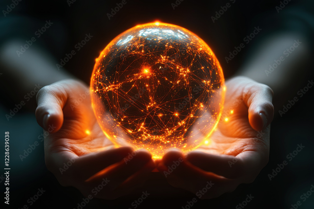 Poster a glowing sphere surrounded by intricate light patterns, held gently in two hands against a dark bac
