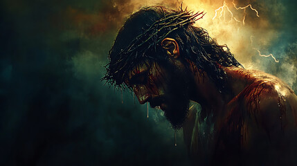 The final breath of Jesus on the cross, dramatic shadows enveloping His figure, faint lightning illuminating the darkened sky, the scene saturated with sorrow and cinematic tension,