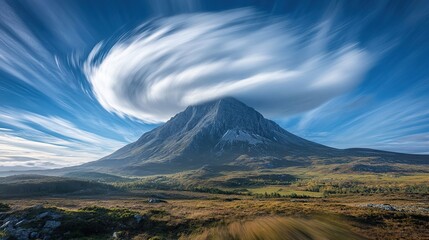Fototapeta premium Dramatic swirling clouds over mountain peak, autumn landscape, nature photography