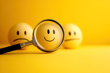 Customer review satisfaction feedback survey concept to gather insights and improve its services. A magnifying glass focuses on smile face among different feedback emoticons on yellow background.