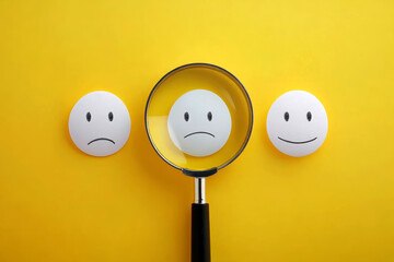 Customer review satisfaction feedback survey concept to gather insights and improve its services. A magnifying glass focuses on smile face among different feedback emoticons on yellow background.