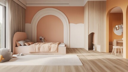 3D-Rendered Wall Mock-Up in the Background of a Children's Room Interior: A Creative and Imaginative Stock Photo Design