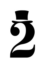 Stylized black and white illustration of the number 2 wearing a classic top hat, symbolizing sophistication, elegance, and artistic typography.  
