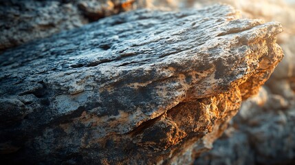 Warm sunlight illuminates textured rock formation. AI Generated
