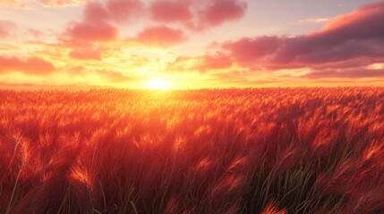 Fototapeta premium Sunset over red grass field, peaceful sky