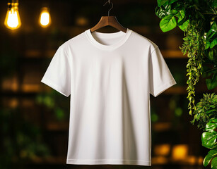 plain white t shirt hanging on hanger in cozy, green environment with warm lighting. shirt is displayed prominently, showcasing its simple design and versatility