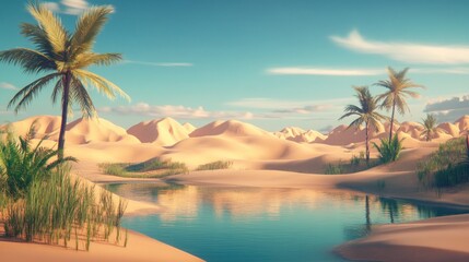 Obraz premium Oasis in desert landscape, palm trees, tranquil water, sunny sky, travel poster