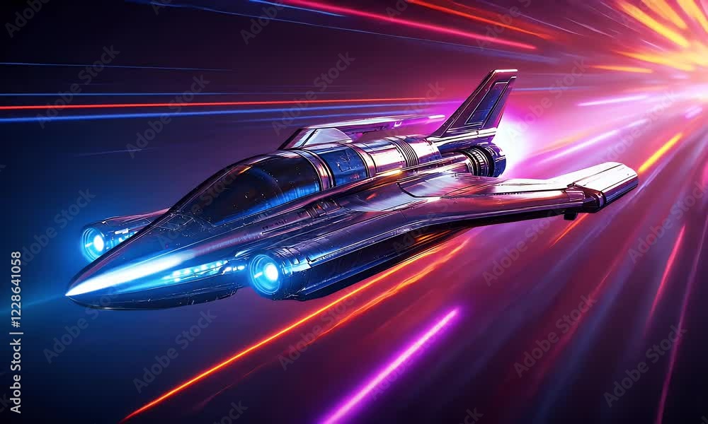 Poster spaceship speeding through neon nebula