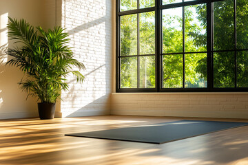 Fototapeta premium serene yoga studio featuring black yoga mat, large windows, and potted plant. natural light creates calming atmosphere, perfect for relaxation and practice