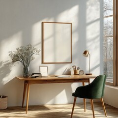 Minimalist Workspace with Wooden Desk and Green Chair Natural Light and Empty Picture Frame