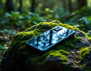 Smartphone on Mossy Rock in Forest Nature Photography