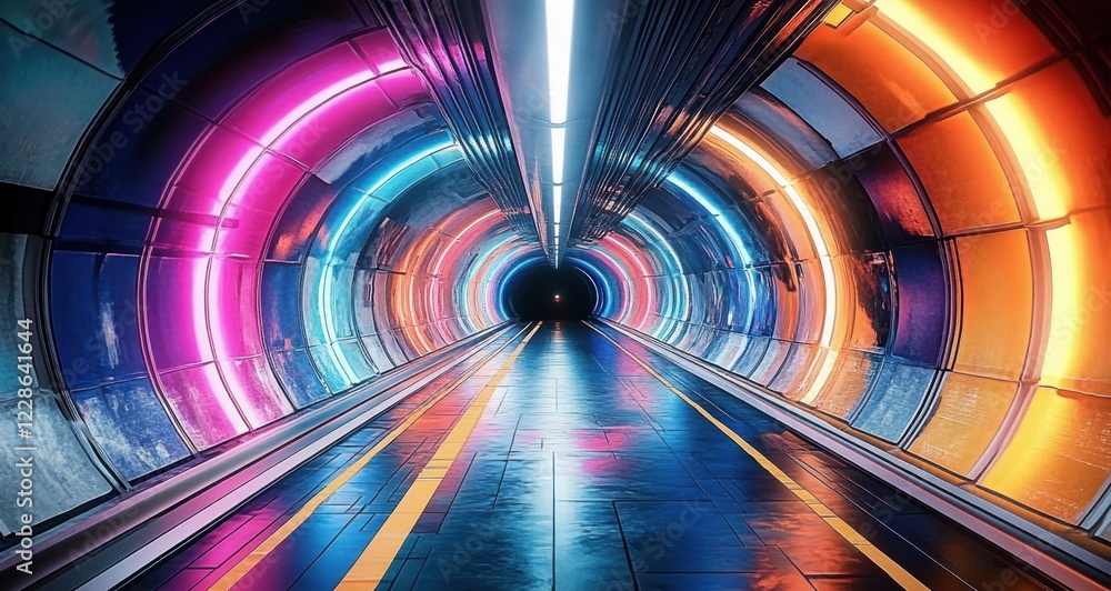 Aufkleber futuristic neon tunnel with abstract patterns and soft lighting in a sci-fi corridor