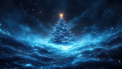 Obraz premium Blue Christmas Tree with Sparkling Lights and Snowflakes for Holiday Card Design