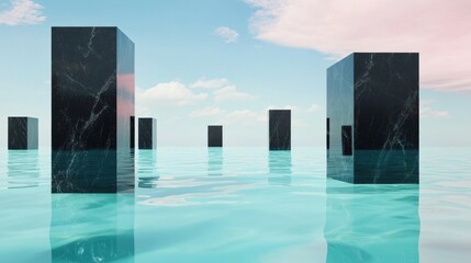 Ethereal Pastel Waterscapes: Cinematic Sparse Composition with Geometric Black Shapes in Ultra-Detailed Image