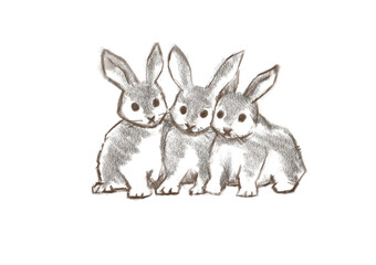 ３匹のウサギの手描きスケッチ風イラスト