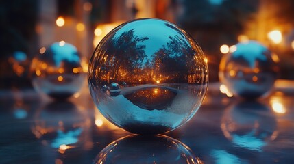 Reflective spheres gleam warmly underneath a twilight sky creating a captivating visual aesthetic. AI Generated
