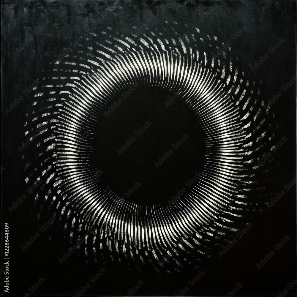 Poster abstract minimalist black and white circular pattern with 3d torus and spirals dots design
