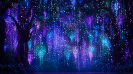 Enchanted Forest Night Glowing Trees and Twinkling Lights