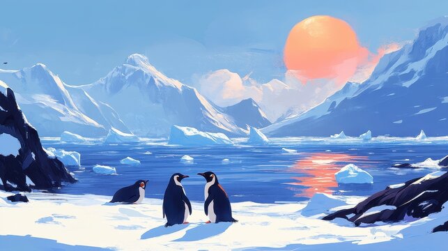 Three penguins on icy Antarctic landscape at sunset. Illustrates serene Antarctic wildlife and environment, perfect for nature documentaries or travel brochures.