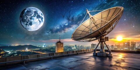 A large satellite dish antenna is installed on a tall building roof at night under stars and moonlight, roof top