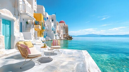 Fototapeta premium Picturesque Mediterranean Coastal Town with Azure Sea and Sunny Patio, Evoking Serenity and Vacation Dreams