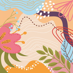 Abstract beautiful floral pattern with leaves and flowers on beige background. Unique trendy colorful colorful colorful background in neutral warm tones.