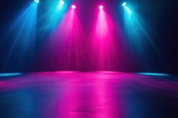 Stage with four spotlights projecting blue and pink beams for a show, event background