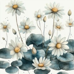 Obraz premium Watercolor Daisies and Lily Pads Illustration with Pastel Colors and Natural Light